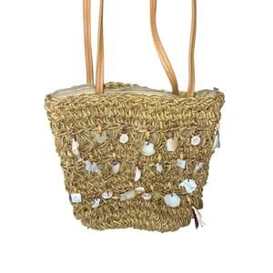 Cappelli Straworld Purse Bag Brown Straw Shell Embellishments 2 Handles Nautical